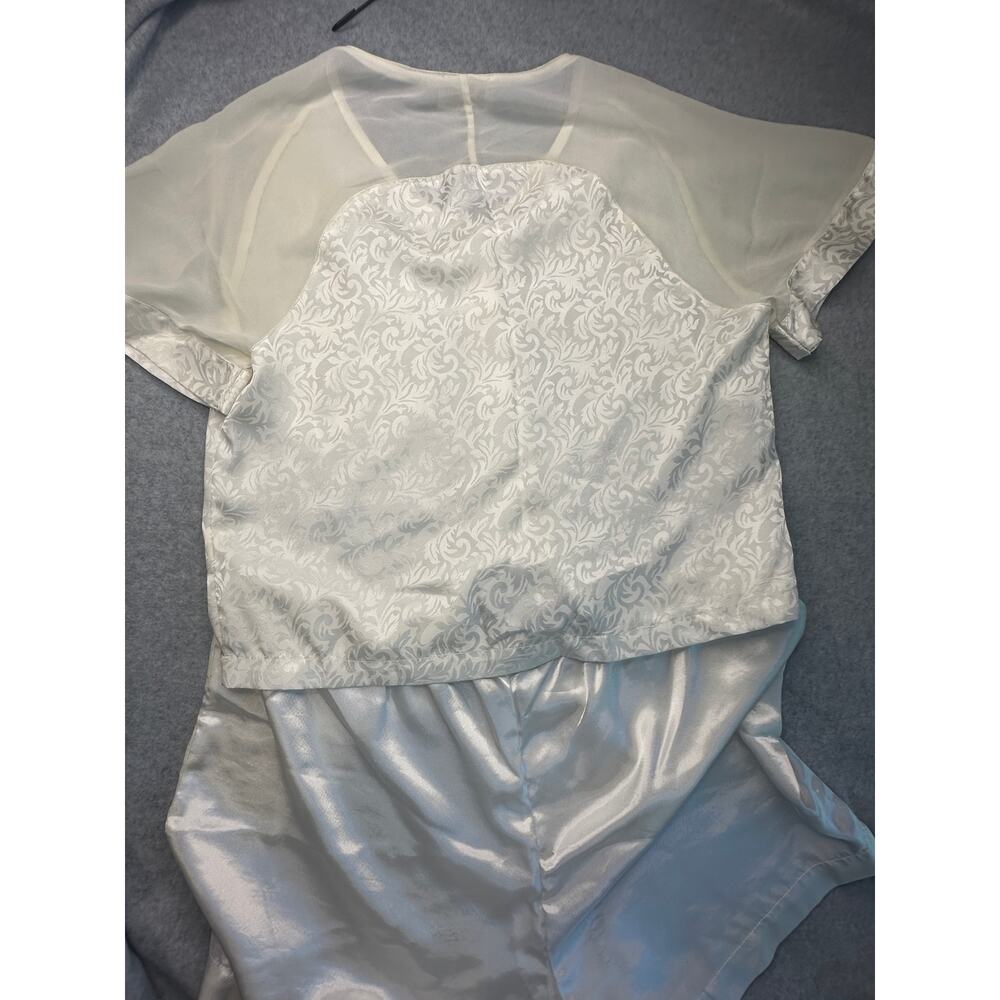 Vintage Val-Mode White Satin Damask Pajama Set - Floral Sheer Yoke - Size L
